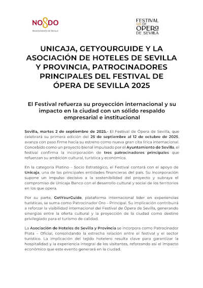 Unicaja, GetYourGuide y Asociación de Hoteles de Sevilla y provincia, patrocionadores principales de Ópera de Sevilla 2025