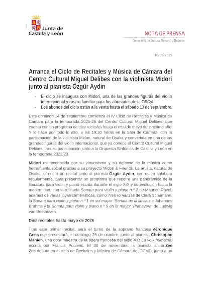 Arranca el Ciclo de Recitales y Música de Cámara del Centro Cultural Miguel Delibes con la violinista Midori junto al pianista Özgür Aydin