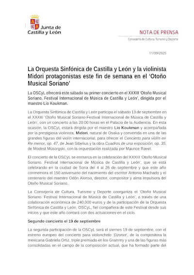 La Orquesta Sinfónica de Castilla y León y la violinista Midori protagonistas este fin de semana en el «Otoño Musical Soriano»