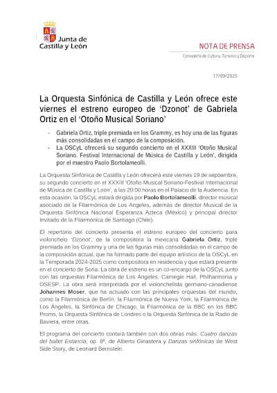 La Orquesta Sinfónica de Castilla y León ofrece el estreno europeo de «Dzonot» de Gabriela Ortiz en el «Otoño Musical Soriano»