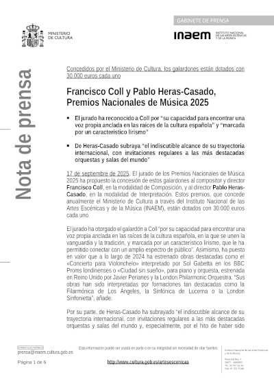 Francisco Coll y Pablo Heras-Casado, Premios Nacionales de Música 2025