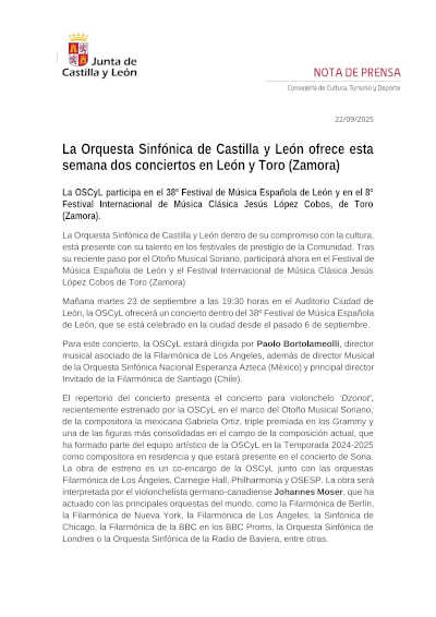 La Orquesta Sinfónica de Castilla y León ofrece esta semana dos conciertos en León y Toro en Zamora