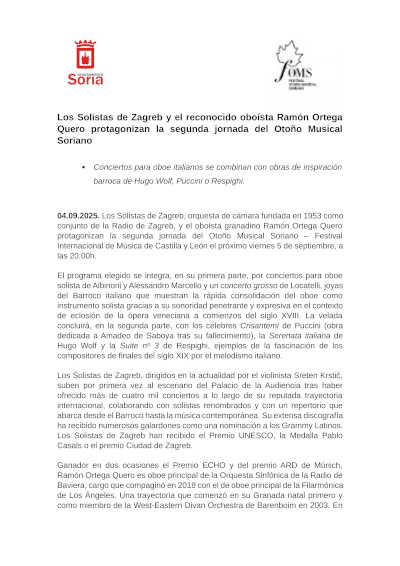 Los Solistas de Zagreb y el reconocido oboísta Ramón Ortega Quero protagonizan la segunda jornada del Otoño Musical Soriano Los Solistas de Zagreb y el reconocido oboísta Ramón Ortega Quero protagonizan la segunda jornada del Otoño Musical Soriano