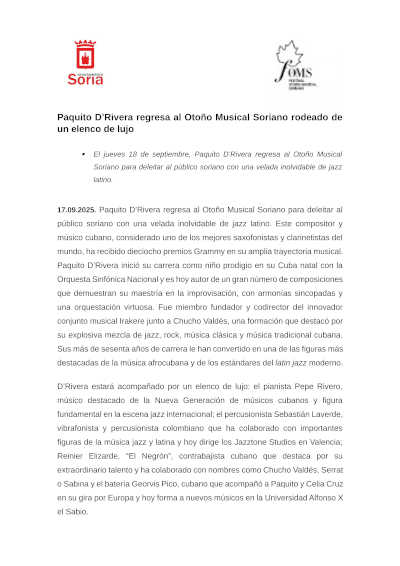 Paquito D’Rivera regresa al Otoño Musical Soriano rodeado de un elenco de lujo