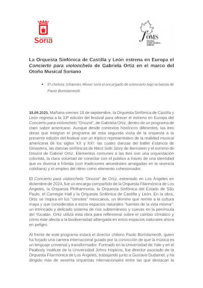 La Orquesta Sinfónica de Castilla y León estrena Concierto para violonchelo de Gabriela Ortiz en el Otoño Musical Soriano