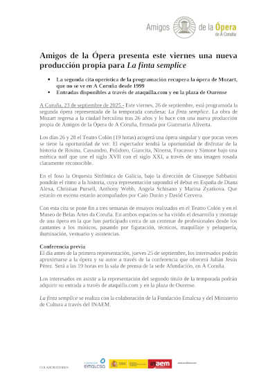 Amigos de la Ópera de A Coruña presenta una nueva producción propia para La finta semplice de Mozart