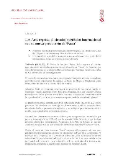 Les Arts regresa al circuito operístico internacional con su nueva producción de «Faust»