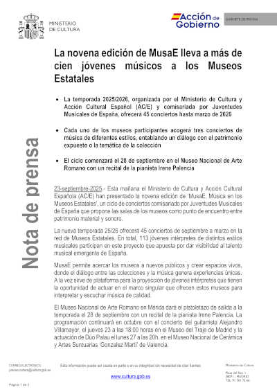 La novena edición de MusaE lleva a más de cien jóvenes músicos a los Museos Estatales
