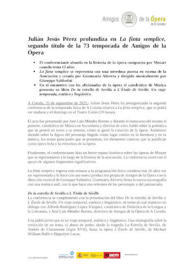 Julián Jesús Pérez profundiza en La finta semplice, segundo título de la 73 temporada de Amigos de la Ópera