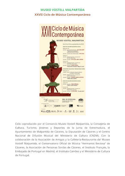 El CNDM y el Museo Vostell Malpartida presentan la 27ª edición del Ciclo de Música Contemporánea