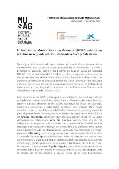 El Festival de Música Sacra de Granada MUSAG celebra en octubre su segunda edición, dedicada a Bach y Palestrina