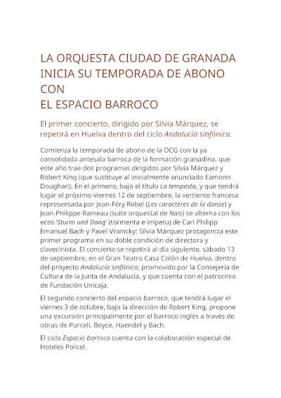 La Orquesta Ciudad de Granada inicia su temporada de abono con el Espacio Barroco