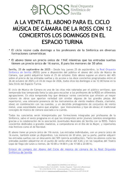 A la venta el abono para el Ciclo Música de Cámara de la ROSS con 12 conciertos en el Espacio Turina