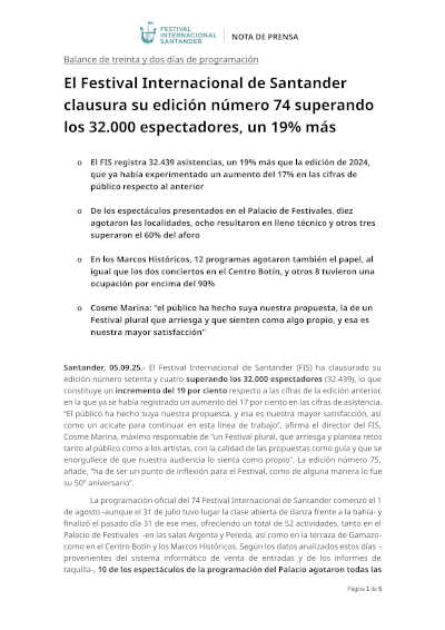El Festival Internacional de Santander clausura su edición número 74 superando los 32.000 espectadores, un 19% más