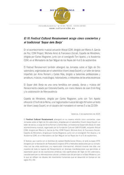 El IX Festival Cultural Renaixement acoge cinco conciertos y el tradicional «Sopar dels Borja»