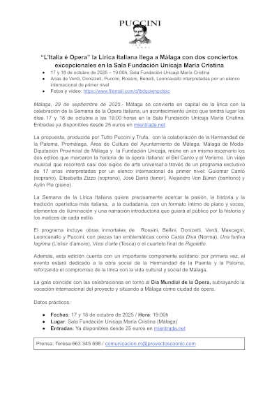 «L’Italia é Opera» la Lírica Italiana llega a Málaga con dos conciertos excepcionales
