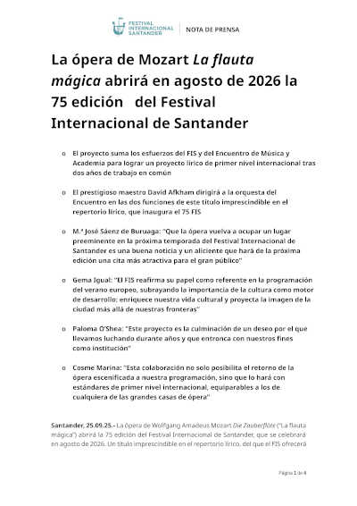 La ópera de Mozart La flauta mágica abrirá en agosto de 2026 la 75 edición del Festival Internacional de Santander