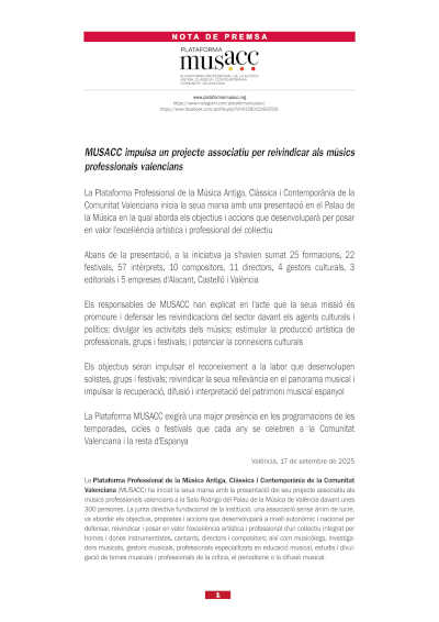 MUSACC impulsa un proyecto asociativo para reivindicar a los músicos profesionales valencianos