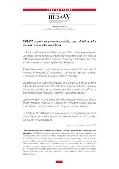 MUSACC impulsa un proyecto asociativo para reivindicar a los músicos profesionales valencianos