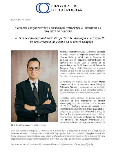 El maestro Salvador Vázquez estrena su segunda temporada al frente de la Orquesta de Córdoba