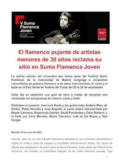 Suma Flamenca Joven reúne la próxima semana en Teatros del Canal a pujantes artistas del flamenco
