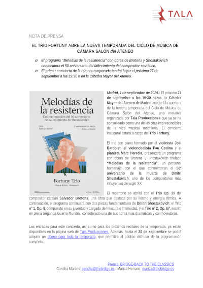El Trío Fortuny abre la nueva temporada de Ciclo de Música de Cámara Salón del Ateneo