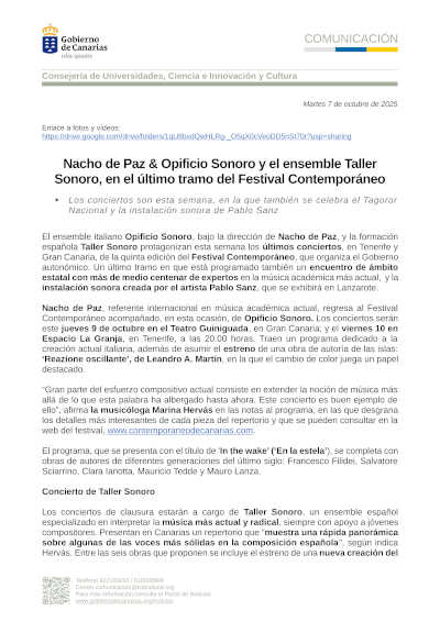 Nacho de Paz & Opificio Sonoro y el ensemble Taller Sonoro, en el último tramo del Festival Contemporáneo