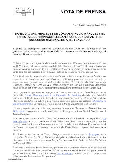 Israel Galván, Mercedes de Córdoba, Rocío Márquez y el espectáculo «Empaque» llegan a Córdoba para el XXIV CNAF