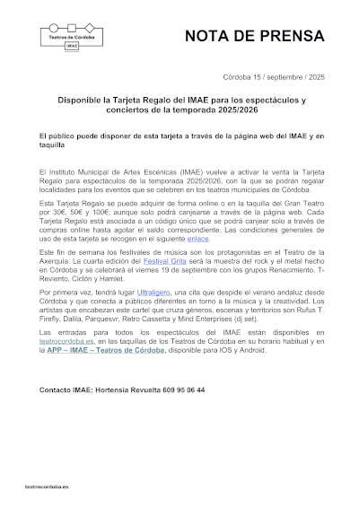 Disponible la Tarjeta Regalo del IMAE para los espectáculos y conciertos de la temporada 2025/2026