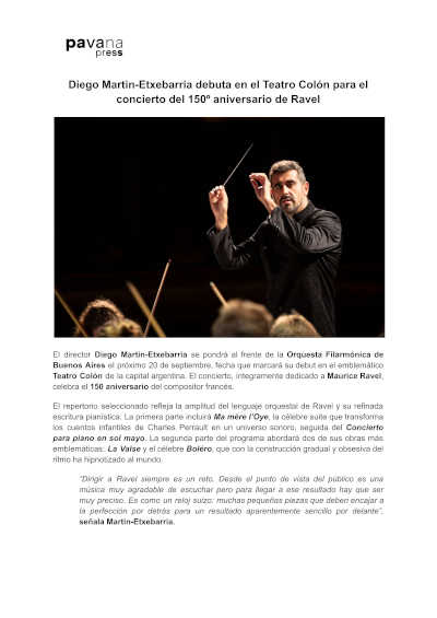Diego Martin-Etxebarria debuta en el Teatro Colón para el concierto del 150º aniversario de Ravel
