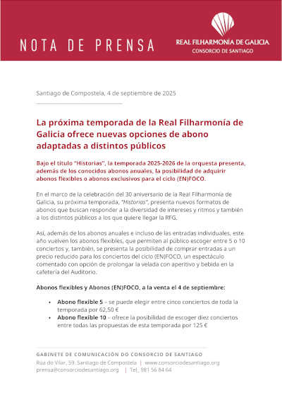 La próxima temporada de la Real Filharmonía de Galicia ofrece nuevas opciones de abono adaptadas a distintos públicos