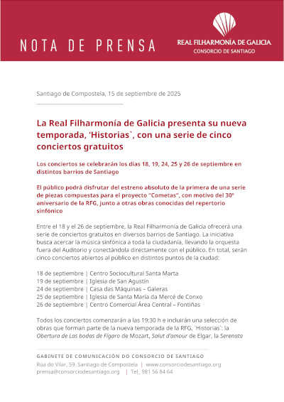 La Real Filharmonía de Galicia presenta su nueva temporada, «Historias», con una serie de cinco conciertos gratuitos