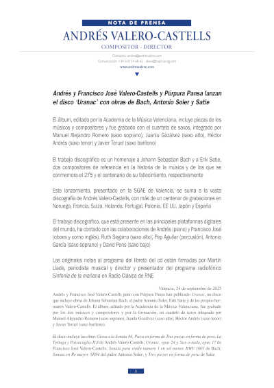 Andrés y Francisco José Valero-Castells y Púrpura Pansa lanzan el disco «Uranac» con obras de Bach, Antonio Soler y Satie