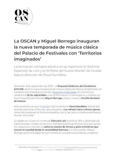 La OSCAN y Miguel Borrego inauguran la nueva temporada de música clásica del Palacio de Festivales con «Territorios imaginados»