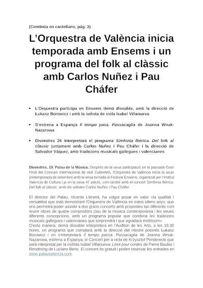 La Orquesta de València inicia temporada con Ensems y un programa del folk al clásico con Carlos Nuñez y Pau Cháfer