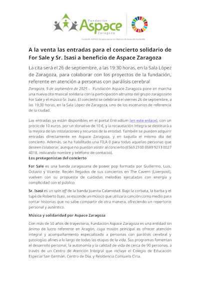 A la venta las entradas para el concierto solidario de For Sale y Sr. Isasi a beneficio de Aspace Zaragoza