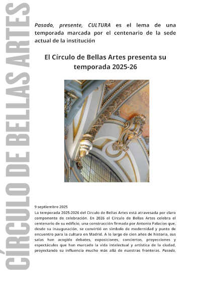 El Círculo de Bellas Artes presenta su temporada 2035-26 marcada por el centenario del edificio