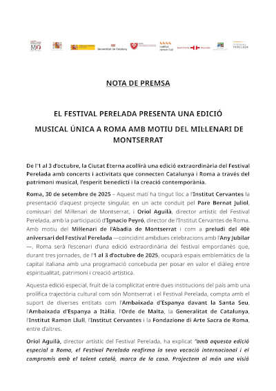 El Festival Peralada presenta una edición musical única en Roma con motivo del Milenario de Montserrat