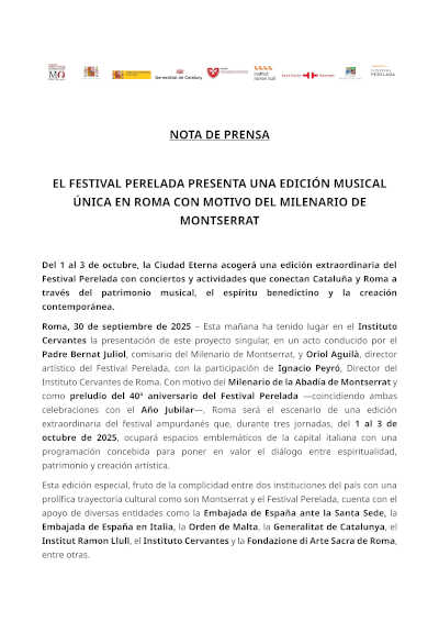 El Festival Peralada presenta una edición musical única en Roma con motivo del Milenario de Montserrat