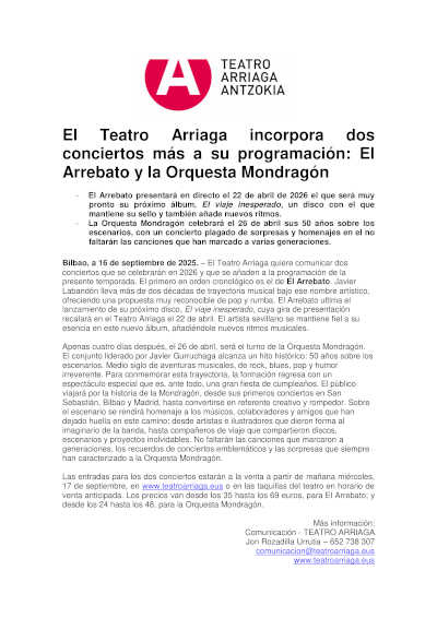 Recordatorio: El Teatro Arriaga incorpora dos conciertos más a su programación: El Arrebato y la Orquesta Mondragón