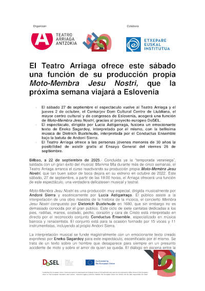 El Teatro Arriaga ofrece una función de su producción propia Moto-Membra Jesu Nostri, que viajará a Eslovenia