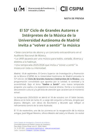 El 53º Ciclo de Grandes Autores e Intérpretes de la Música de la Universidad Autónoma de Madrid
