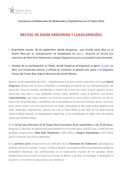 Recital de Asmik Grigorian y Lukas Geniušas en el Teatro Real de Madrid