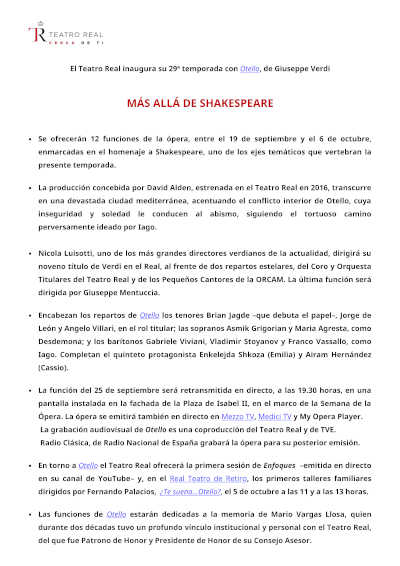 El Teatro Real inaugura su 29ª temporada con Otello, de Giuseppe Verdi