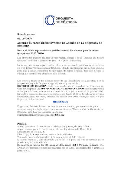 Abierto el plazo de renovación de abonos de la Orquesta de Córdoba