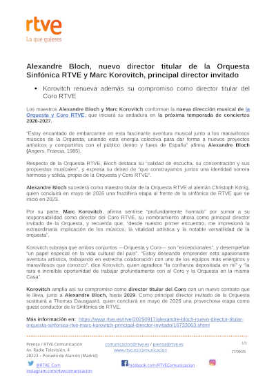 Orquesta Sinfónica y Coro RTVE anuncia a Alexandre Bloch, como nuevo director titular de la Orquesta Sinfónica RTVE