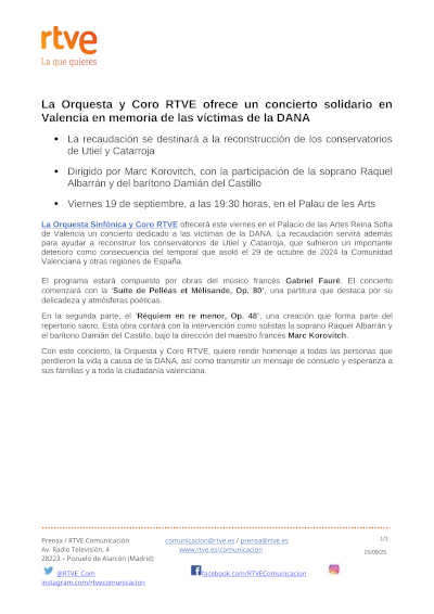 La Orquesta y Coro RTVE ofrece un concierto solidario en Valencia en memoria de las víctimas de la DANA