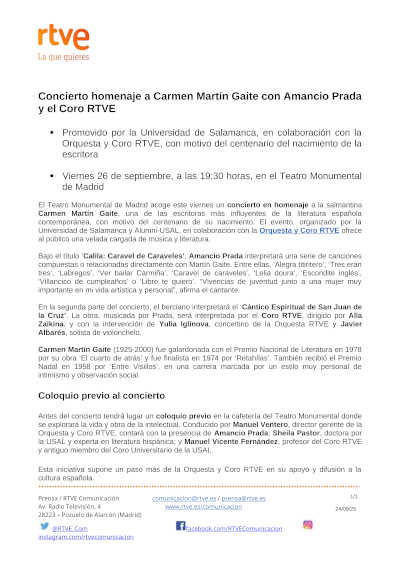 Concierto homenaje a Carmen Martín Gaite con Amancio Prada y el Coro RTVE
