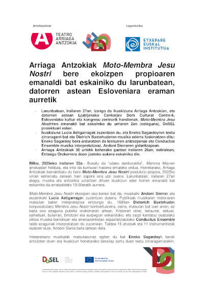 El Teatro Arriaga ofrece una función de su producción propia Moto-Membra Jesu Nostri, que viajará a Eslovenia