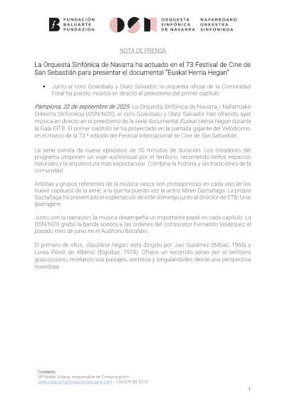La Orquesta Sinfónica de Navarra ha actuado en el 73 Festival de Cine de San Sebastián para presentar “Euskal Herria Hegan”